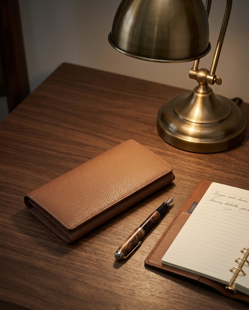 Héritage wallet on a walnut desk