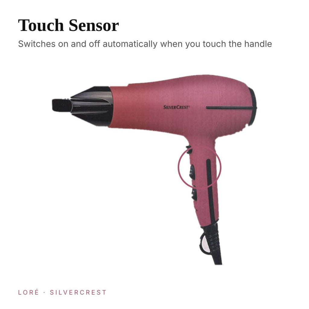 SilverCrest touch sensor hair dryer close up in rose pink