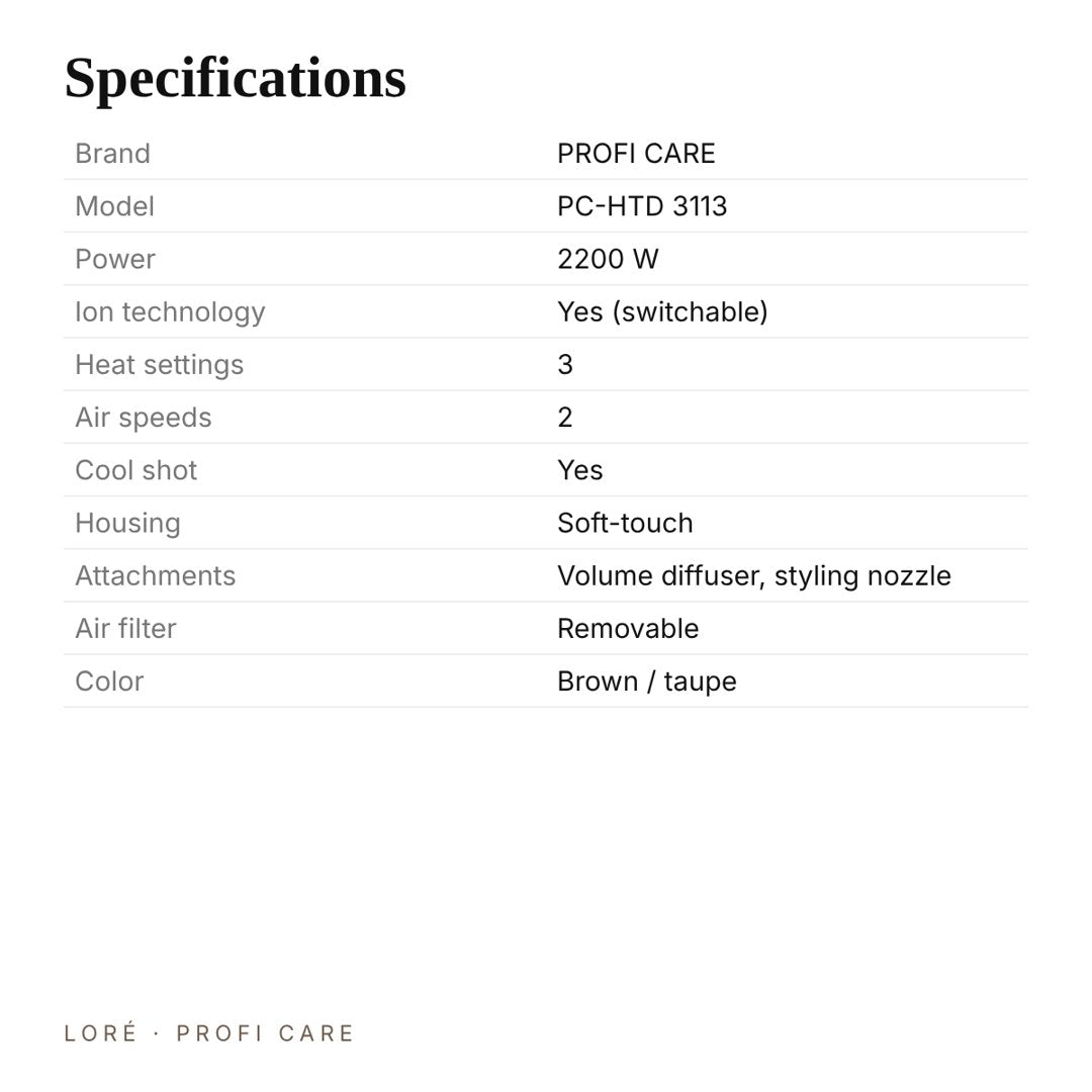 Profi Care PC-HTD 3113 hair dryer specifications: 2200W, ionic technology, 3 heat settings, 2 air speeds, cool shot